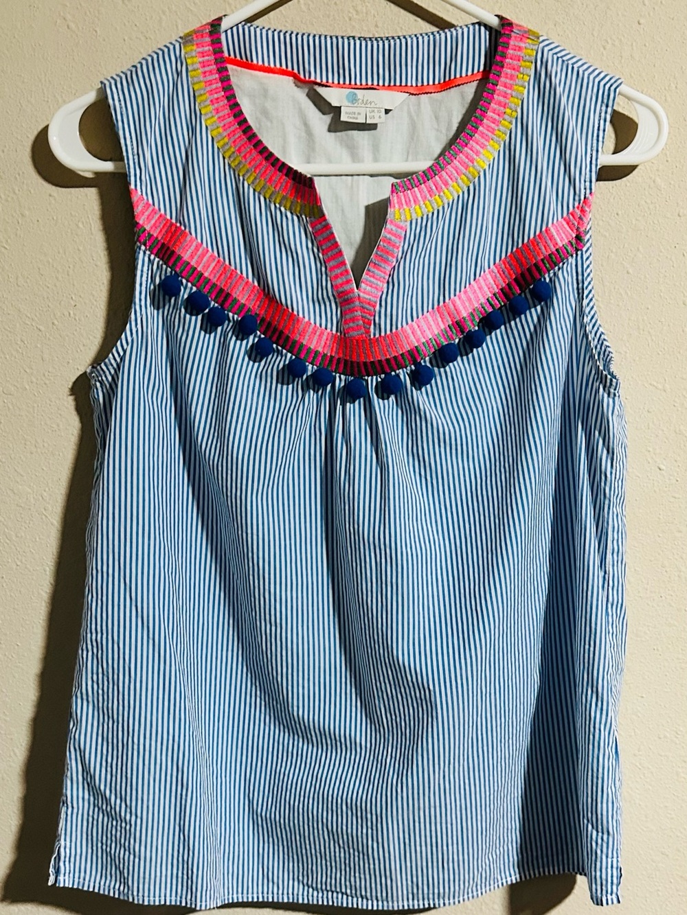 Boden Elisa Blue and White Striped Sleeveless Embroidered Top with Navy Pom-Poms